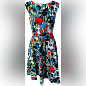 Hanpceirs 1950s-style sleeveless swing dress W/a vibrant mod-style abstract Sz M